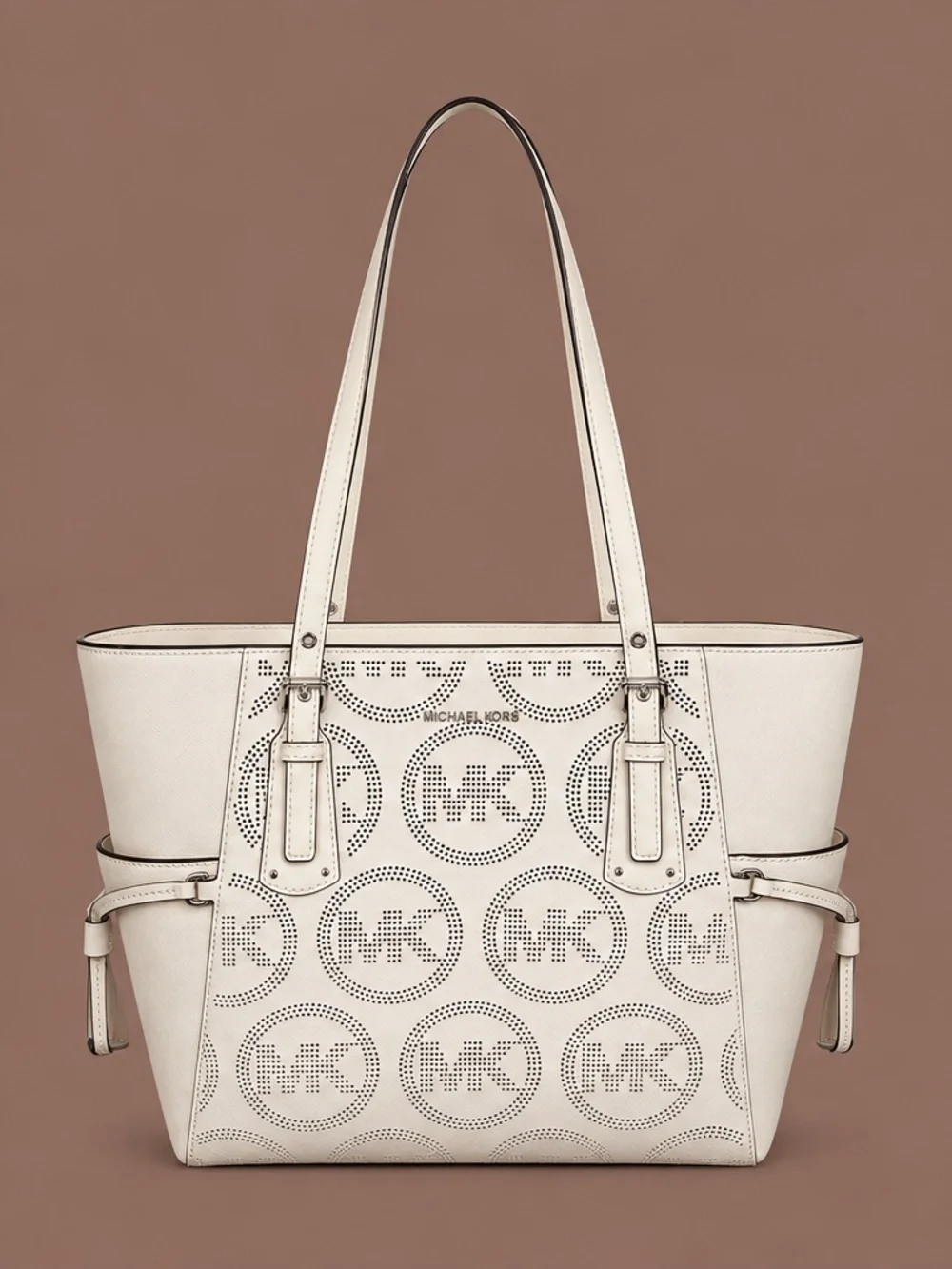 🤍 Michael Kors Ivory Perforated MK Logo Tote 🤍